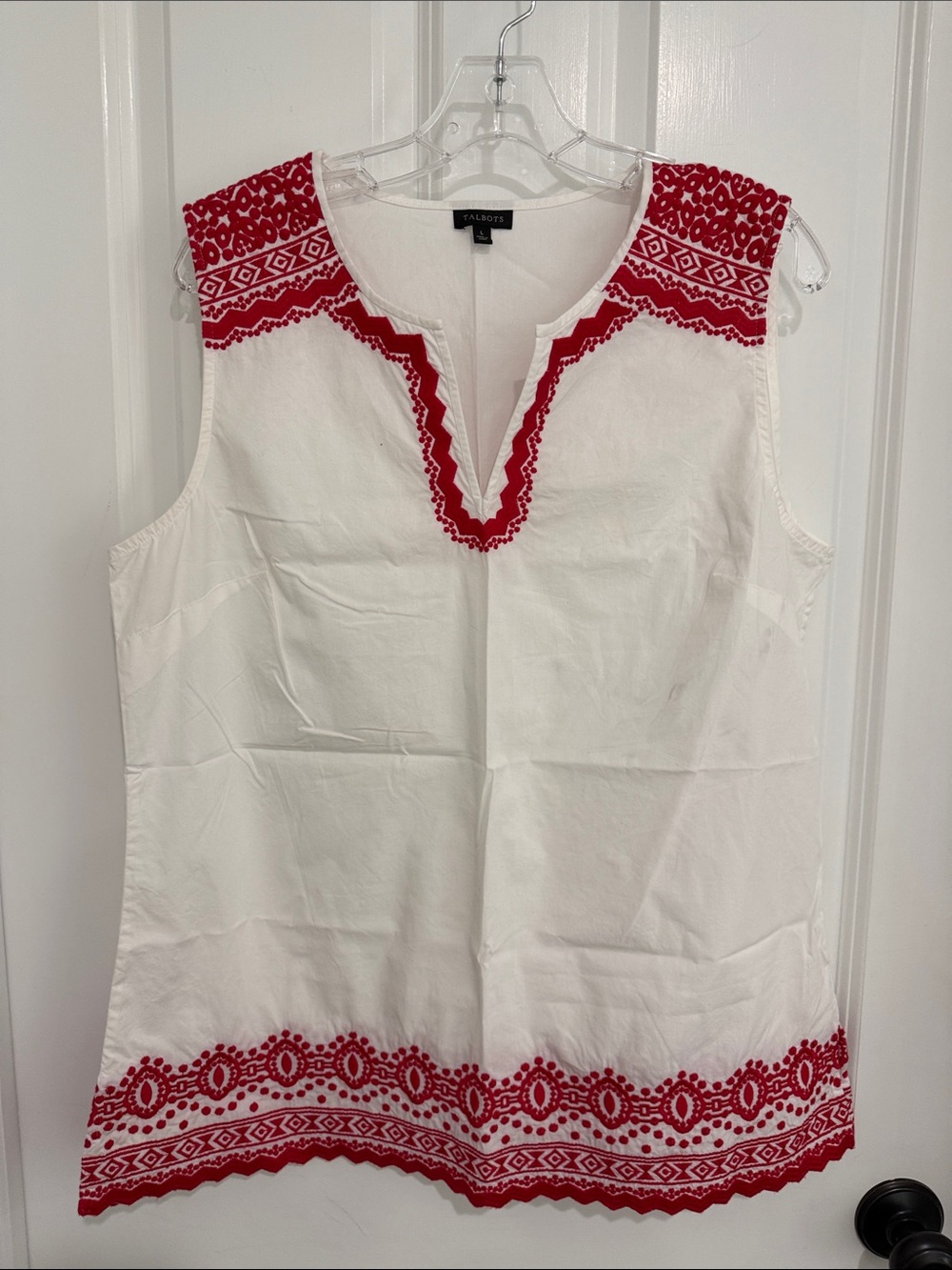 Talbots White Sleeveless Embroidered V-Neck Top with Red Trim